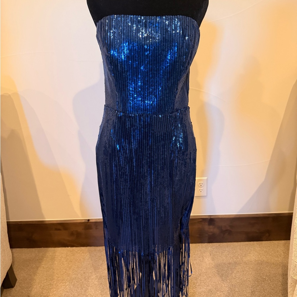 Dress the Population Strapless Navy Blue Sequin Fringe Dress
